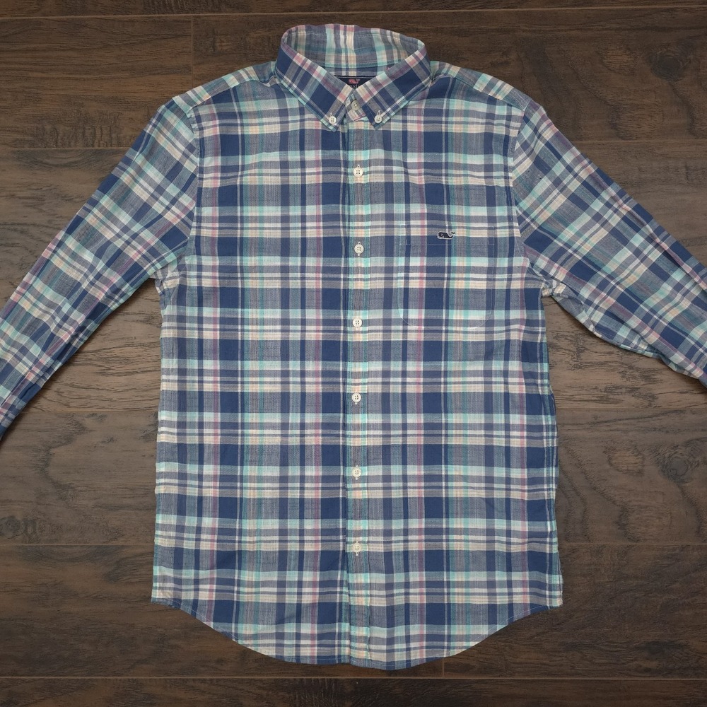 Vineyard Vines Mens Small Blue Plaid Slim Fit Tucker Button Up Shirt Lightweight - Picture 2 of 7